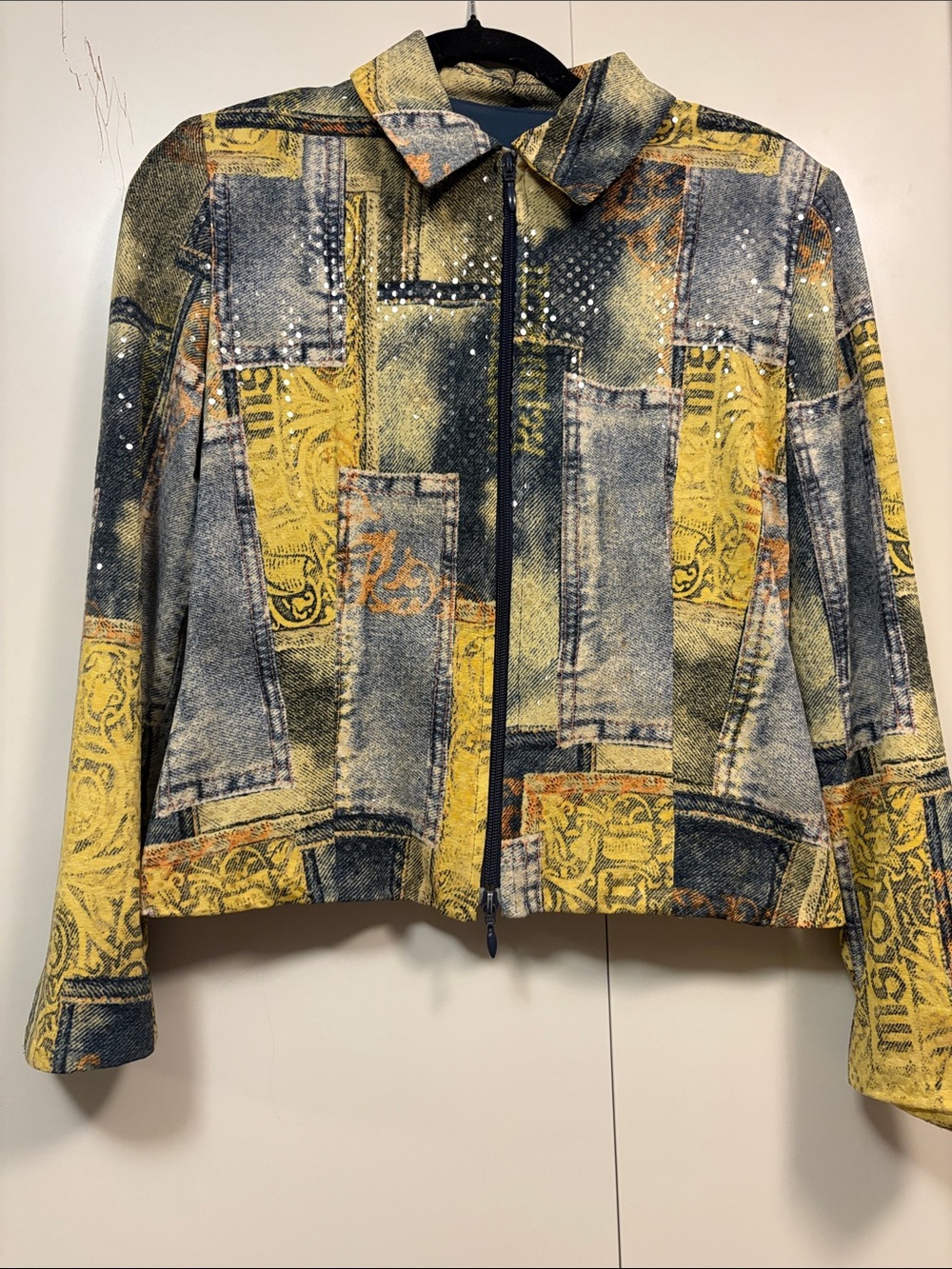 Vintage Joseph Ribkoff Yellow and Blue Patchwork-Print sequin Zip Jacket 6